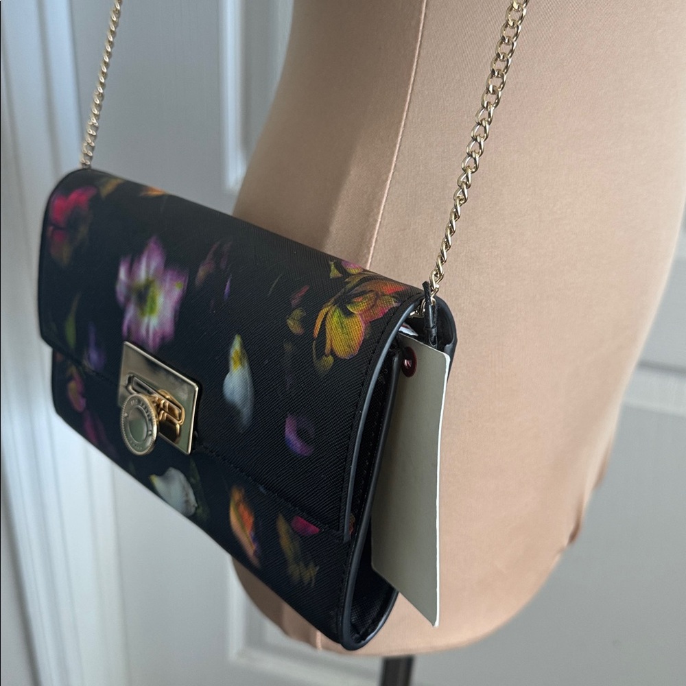 Ted Baker Floral Black Red Chain Clutch Parisa Leather Crossbody - Picture 9 of 13